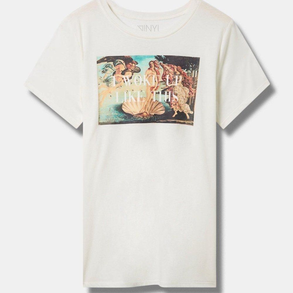 #707-Torrid Beige Graphic Tee W Renaissance Art & 'WOKE UP LIKE THIS' Slogan